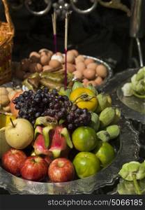 Fruits as religious offering in temple at the Grand Palace, Phra Nakhon, Bangkok, Thailand