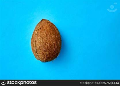 fruits, diet and food concept - close up of ripe coconut on blue background. close up of ripe coconut on blue background