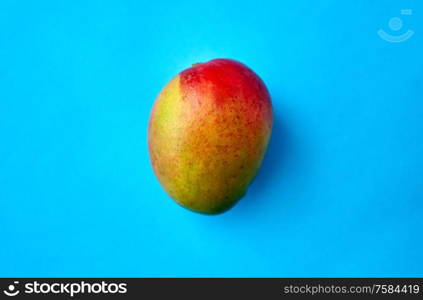 fruits, diet and food concept - close up of ripe mango on blue background. close up of ripe mango on blue background