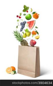 Fruits falling into bag isolated on white background. Healthy eating concept. Fruits falling into bag isolated on white