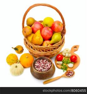 fruits in a basket isolated on white background