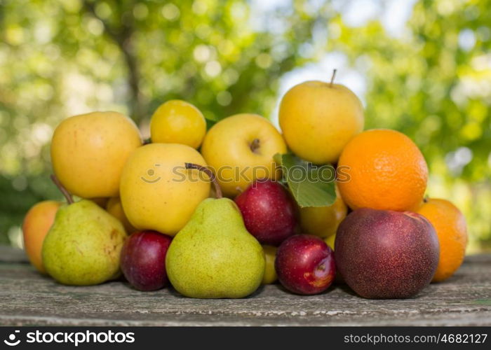 fruits in wooden table, outdoor