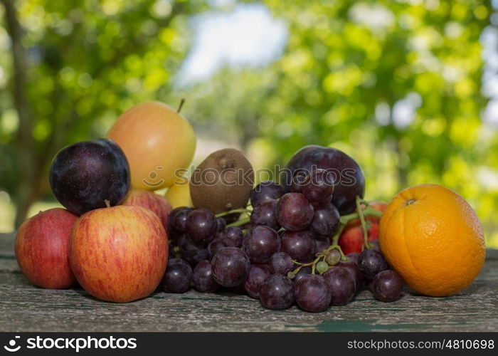 fruits in wooden table, outdoor