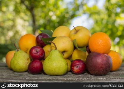 fruits in wooden table, outdoor