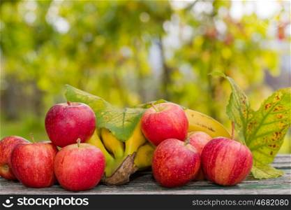 fruits in wooden table outdoor in the garden