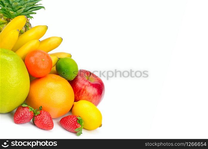 Fruits isolated on a white background. Healthy food. Free space for text.