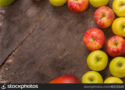 fruits on a old wooden table, studio picture, with copy space. Free space for text. fruits