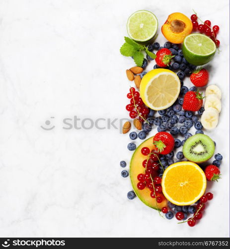 Fruits on Marble Background. Summer or Spring Organic Fruits. Agriculture, Gardening, Harvest Concept