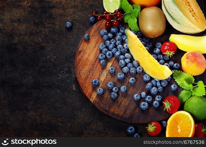Fruits on Marble Background. Summer or Spring Organic Fruits. Agriculture, Gardening, Harvest Concept