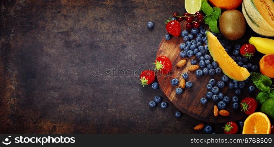 Fruits on Marble Background. Summer or Spring Organic Fruits. Agriculture, Gardening, Harvest Concept