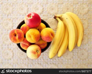 Fruits on table in plate and banana. Element of design.