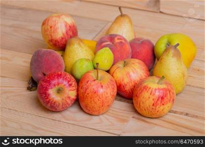 fruits on wooden table, studio picture. fruits