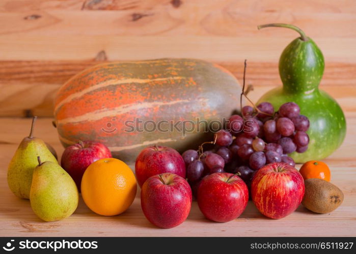 fruits on wooden table, studio picture. fruits