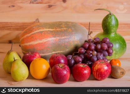 fruits on wooden table, studio picture. fruits