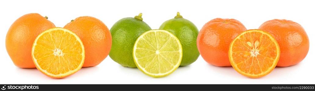 Fruits orange, mandarin, lime whole and half isolated on white background
