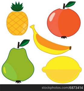 fruits set. Set of different fruits. Flat icons in cartoon style on white background. Pineapple, pear, lemon, banana and apple.