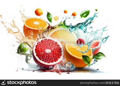 Fruits splashing of juice. Splash of water on white background, digital illustration painting, Generative AI