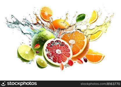 Fruits splashing of juice. Splash of water on white background, digital illustration painting, Generative AI