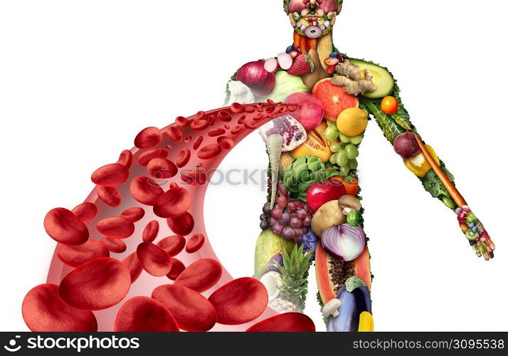 Fruits vegetables and blood health as fruit and vegetable group shaped as a human body with a healthy artery as a medical symbol for eating and fighting disease with good nutrition with 3D illustration elements.