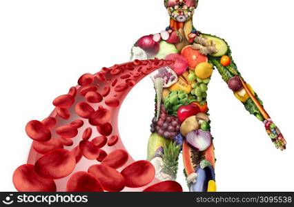 Fruits vegetables and blood health as fruit and vegetable group shaped as a human body with a healthy artery as a medical symbol for eating and fighting disease with good nutrition with 3D illustration elements.