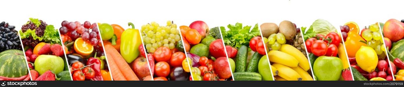 Fruits, vegetables, berries separated sloping lines isolated on white background. Wide panorama