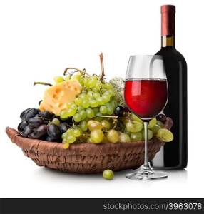 Fruits with cheese and wine isolated on white background