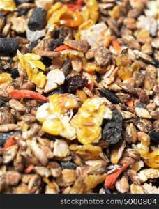 Fruity natural sportive muesli background. for horse. close up