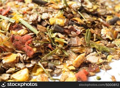 Fruity natural sportive muesli background. for horse. close up