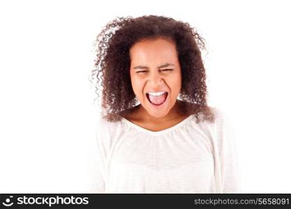 Frustrated and angry african woman over white background