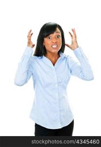Frustrated black woman with arms raised isolated on white background
