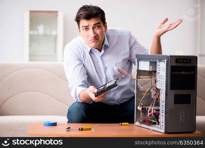 Frustrated man with broken pc computer