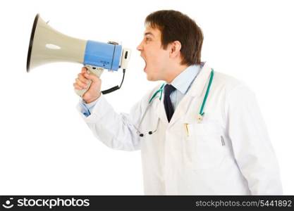 Frustrated medical doctor yelling through megaphone isolated on white&#xA;