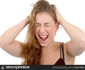 Frustrated woman pulling her hair isolated on white background
