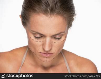 Frustrated woman with plastic surgery marks on face