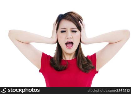 Frustrated young woman covering her ears with hands