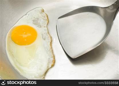 Fry egg in pan by turning shovel