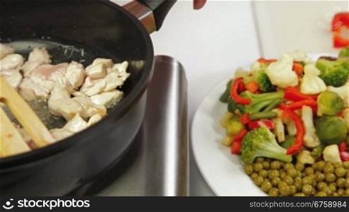 Frying Chicken Breast In Frying Pan, Closeup