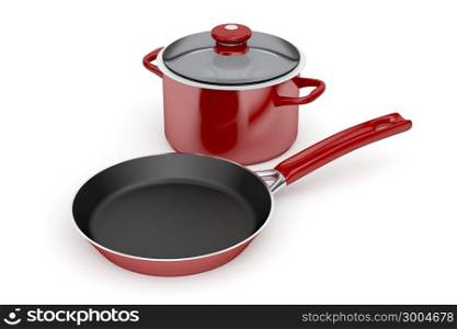 Frying pan and cooking pot on white background