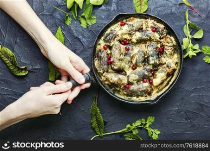 Frying pan with cooked oriental dolma in hands.Appetizing oriental food.Dolma in grape leaves.. Eastern dolma or sarma