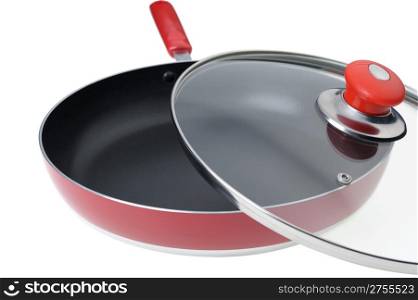 Frying pan with the slightly opened glass cover. It is isolated on a white background