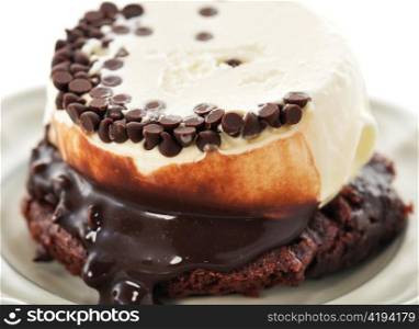fudge brownie with ice cream, close up