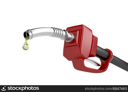 Fuel pump nozzle with last drop of fuel, isolated on white background