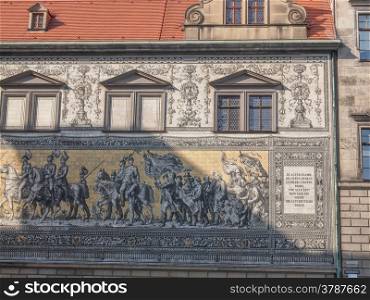 Fuerstenzug Procession of Princes in Dresden, Germany. Fuerstenzug meaning Procession of Princes, large mural of a mounted procession of the rulers of Saxony painted in 1871 in Dresden, Germany