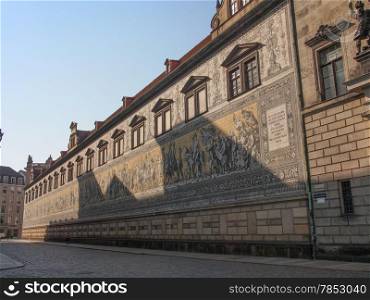 Fuerstenzug Procession of Princes in Dresden, Germany. Fuerstenzug meaning Procession of Princes, large mural of a mounted procession of the rulers of Saxony painted in 1871 in Dresden, Germany
