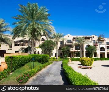 FUJAIRAH, UAE - November 16: Low-rise Arabian (Moroccan) style architecture of 5 stars Iberotel Miramar Al Aqah Beach Resort (321 rooms) located on Indian Ocean shores, Fujairah, UAE, on November 16 2012