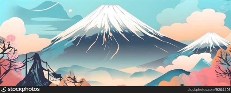 Fuji mountain view landscape in traditional Japanese style illustration wide long banner size. Famous landmark of Japan panorama. AI Generative content