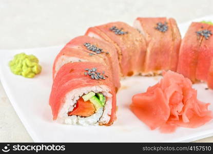 Fuji Sushi rolls made of tuna, pepper, avocado, cucumber