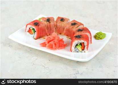 Fuji Sushi rolls made of tuna, pepper, avocado, cucumber