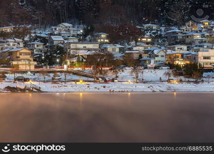 Fujikawaguchiko Town at night with Lake kawaguchi, Japan