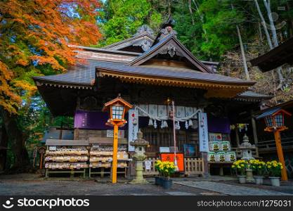 FUJIYOSHIDA, YAMANASHI. JAPAN - NOVEMBER 24, 2019 : Arakura Fuji Sengen Jinja Shrine the most famous temple nearby Chureito Pagoda in Japan